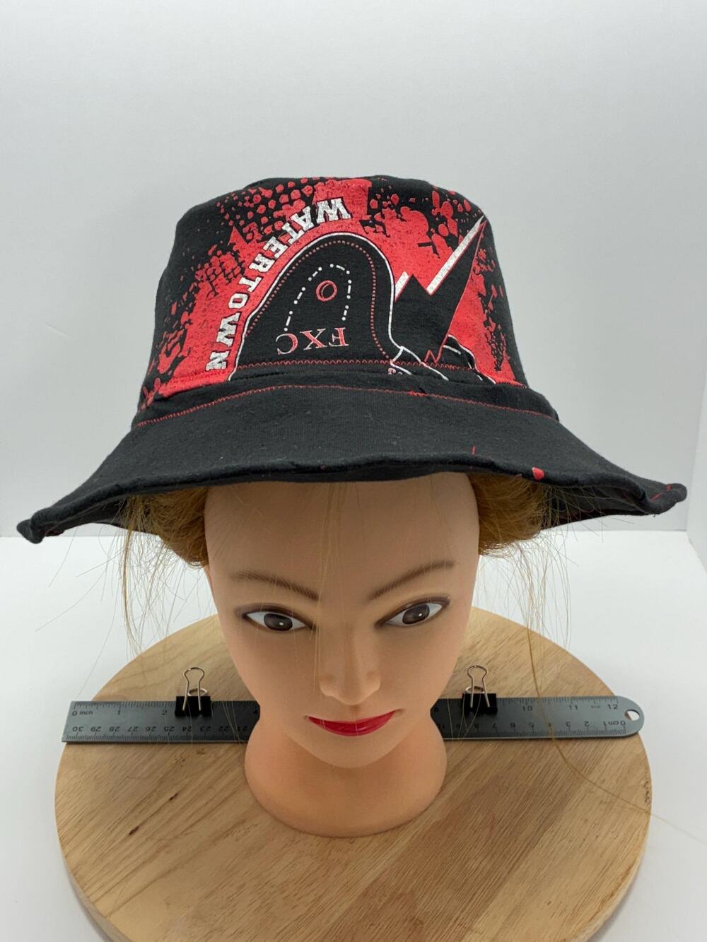 Upcycled Bucket Hat – Large (23") – Red & Black Graphic Tee Hat – Cotton Lined
